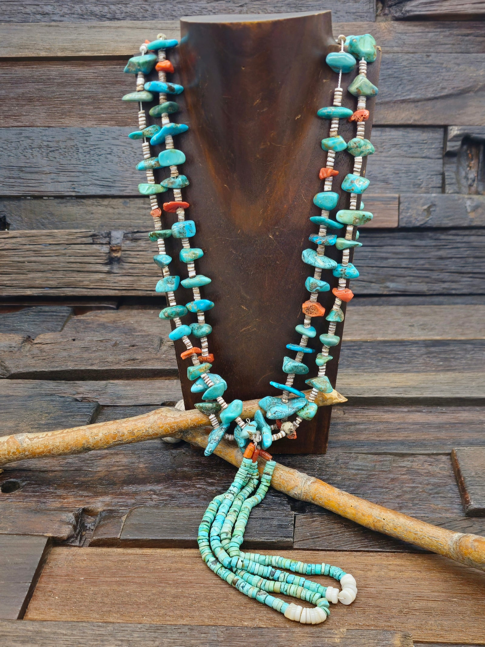 Vintage/Estate Turquoise and Coral Two Strand Necklace with Jacla - 36 in.