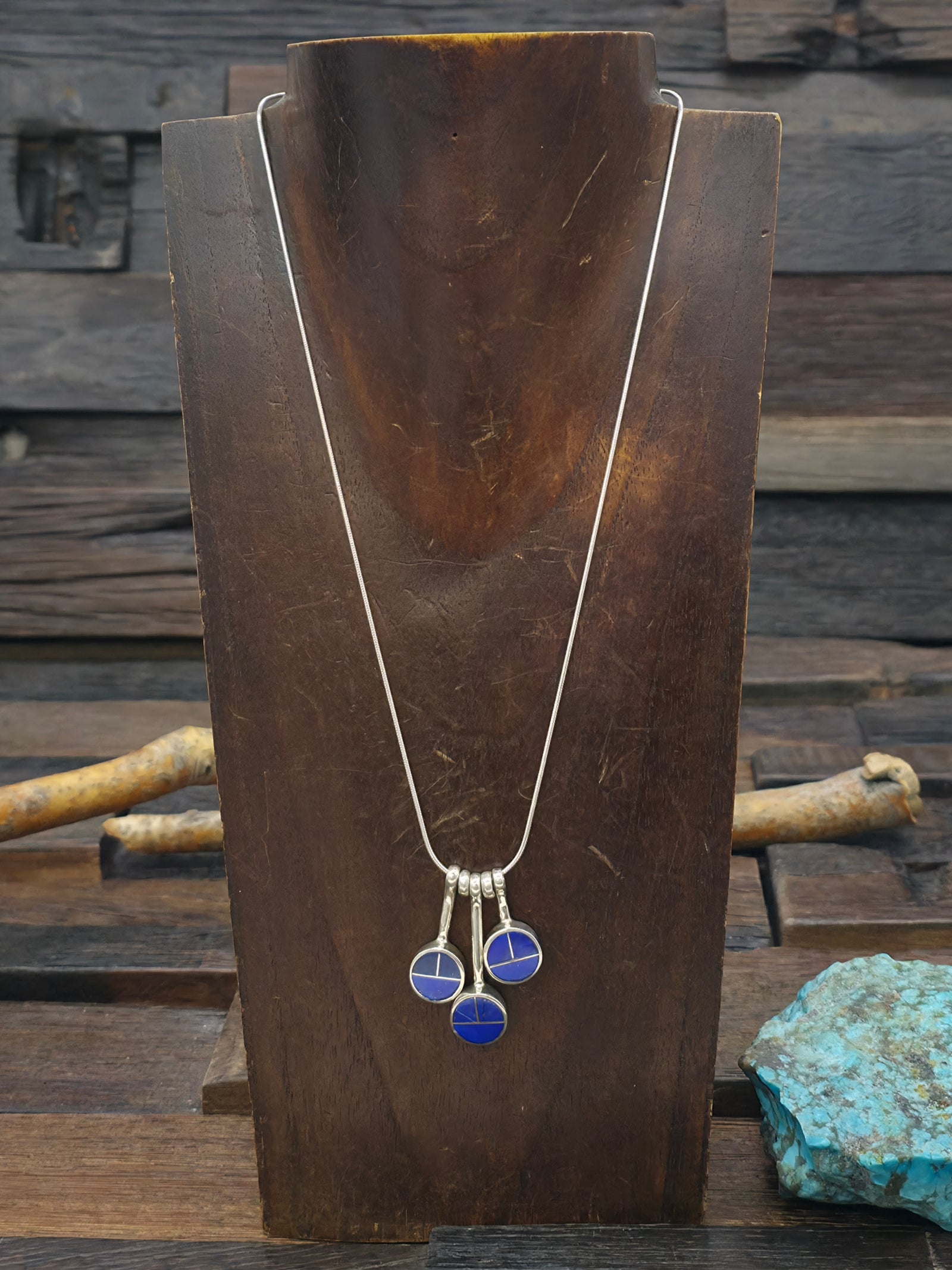 Sterling Silver Lapis Inlay Three Pendant Necklace by Charles Willie - 18 in.