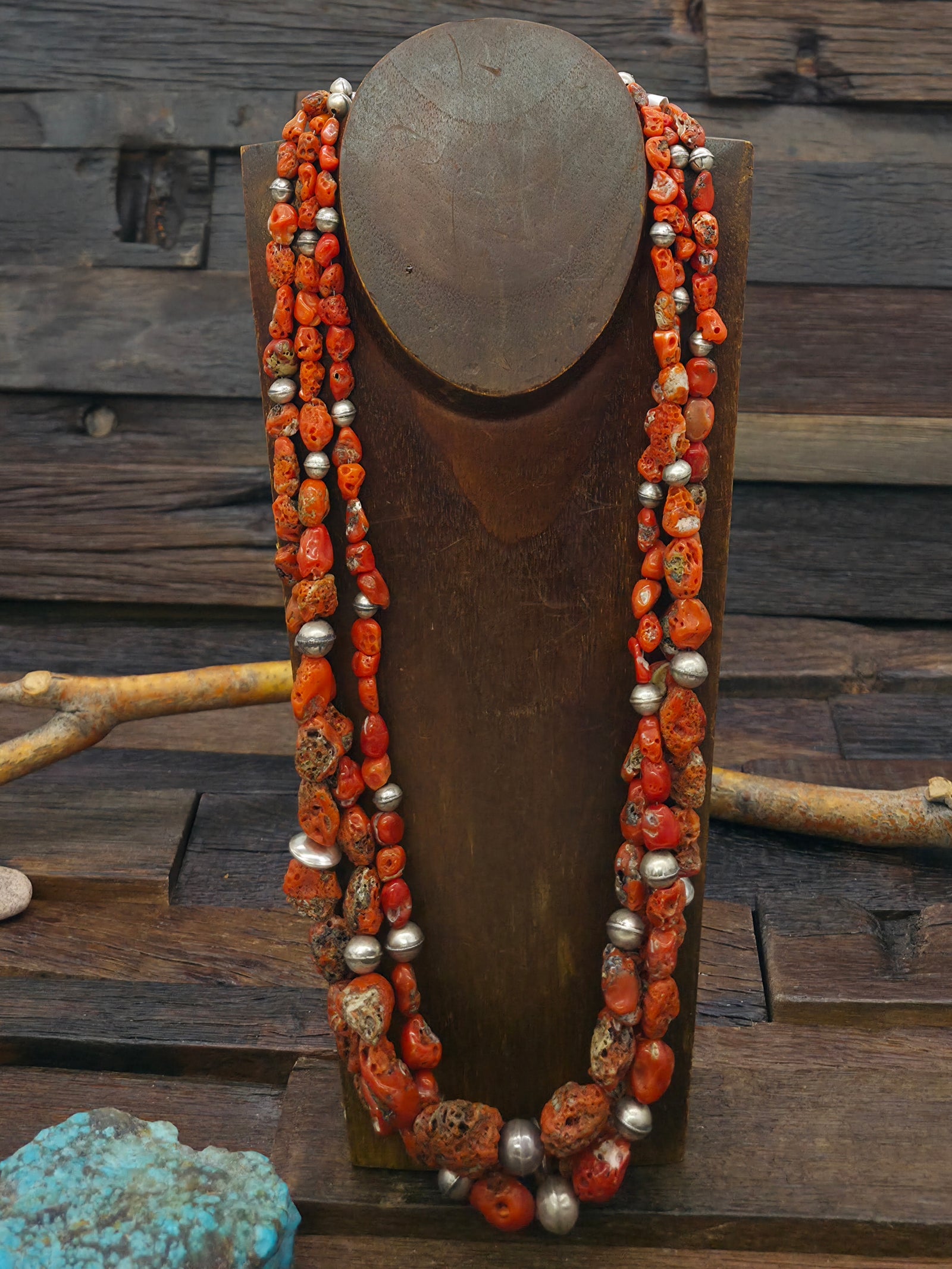 Three Strand Coral and Sterling Silver Bead Necklace by Fred Archuleta - 26 in.
