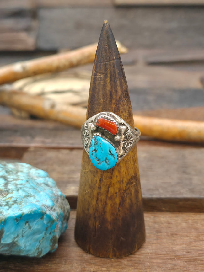 Two Stone Stamped Sterling Silver Turquoise and Coral Ring - Size 12 1/4