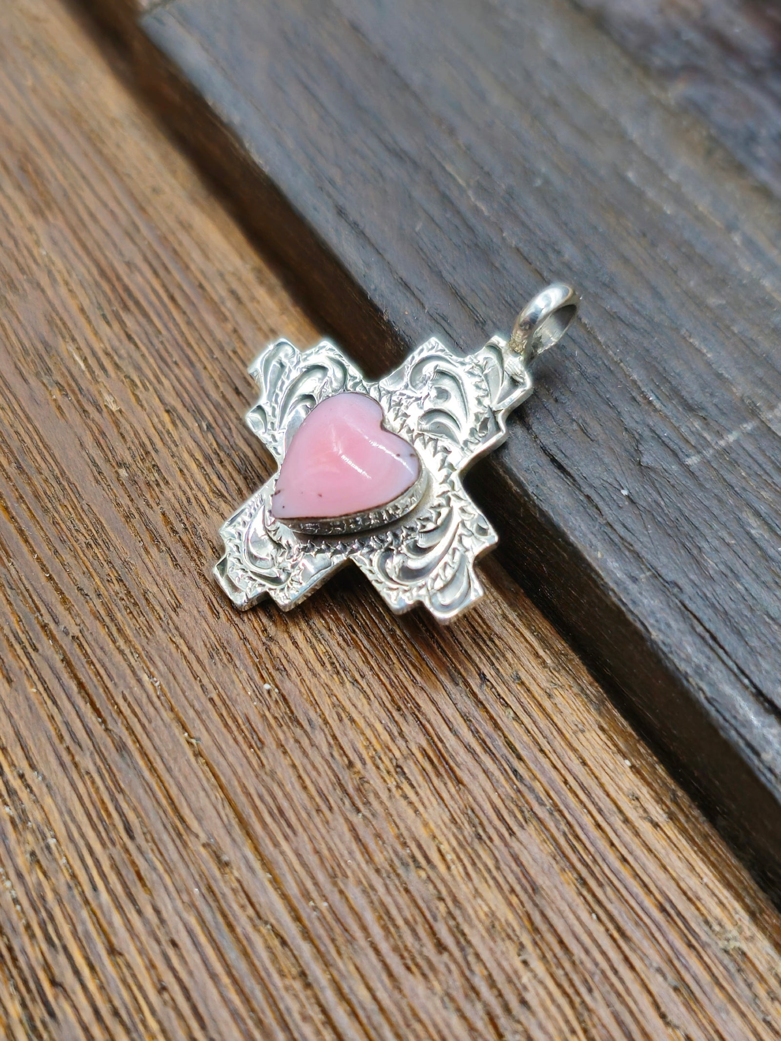 Pink Conch Heart Sterling Silver Zia Pendant