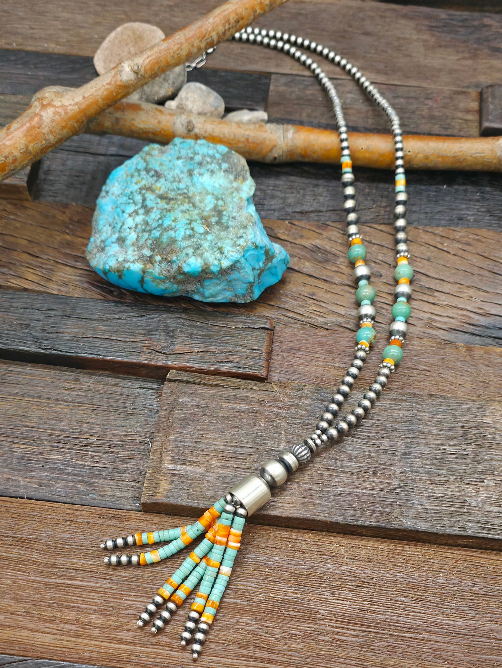 Sterling Silver, Turquoise, and Spiny Bead Tassel Necklace - 24 in. plus 1 1/2 in. Extender