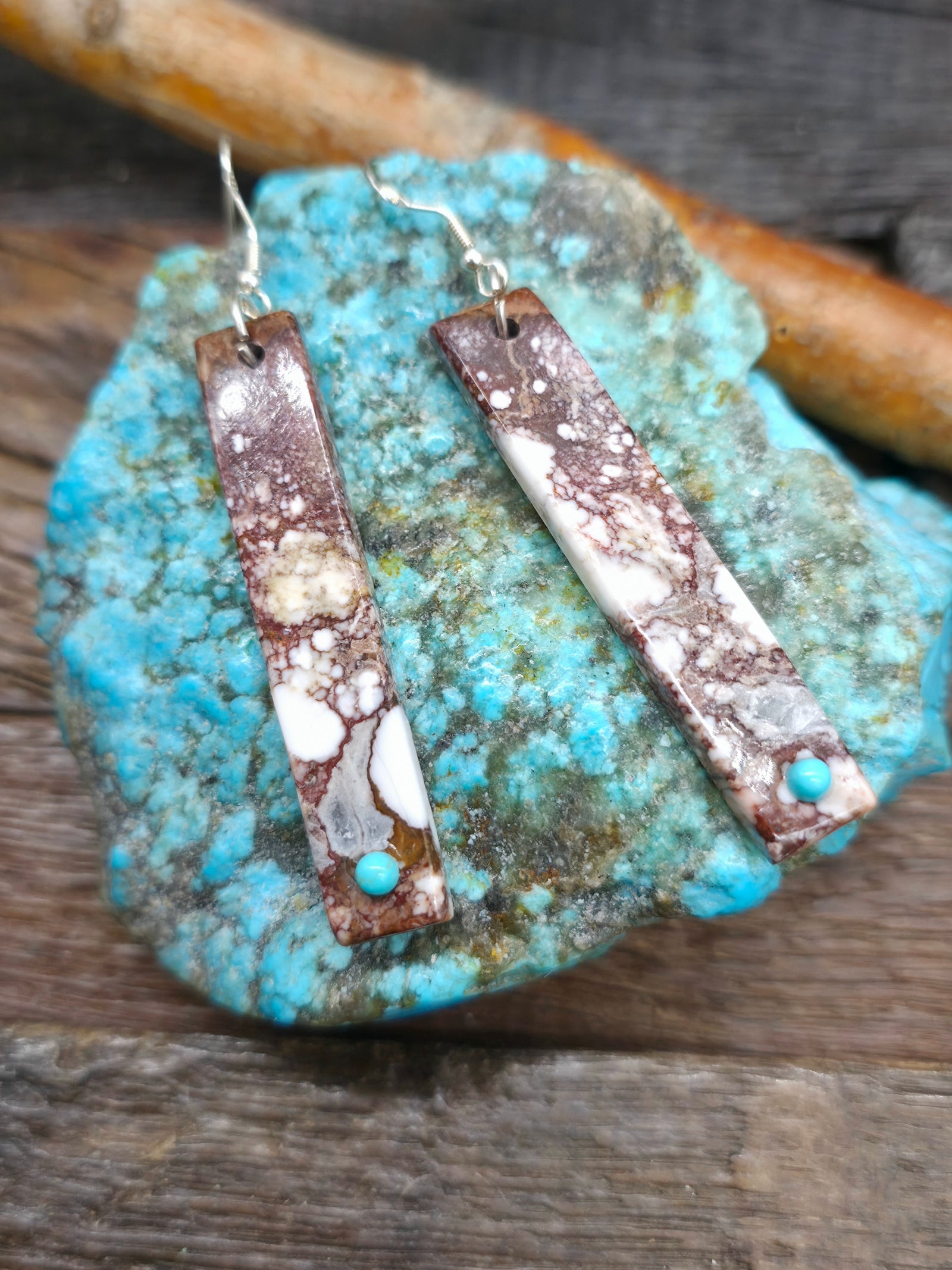 Wild Horse and Turquoise Slab Earrings by Jesus Espino - 2 3/4 in. by 1/2 in,