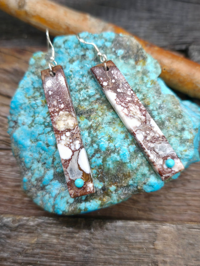 Wild Horse and Turquoise Slab Earrings by Jesus Espino - 2 3/4 in. by 1/2 in,