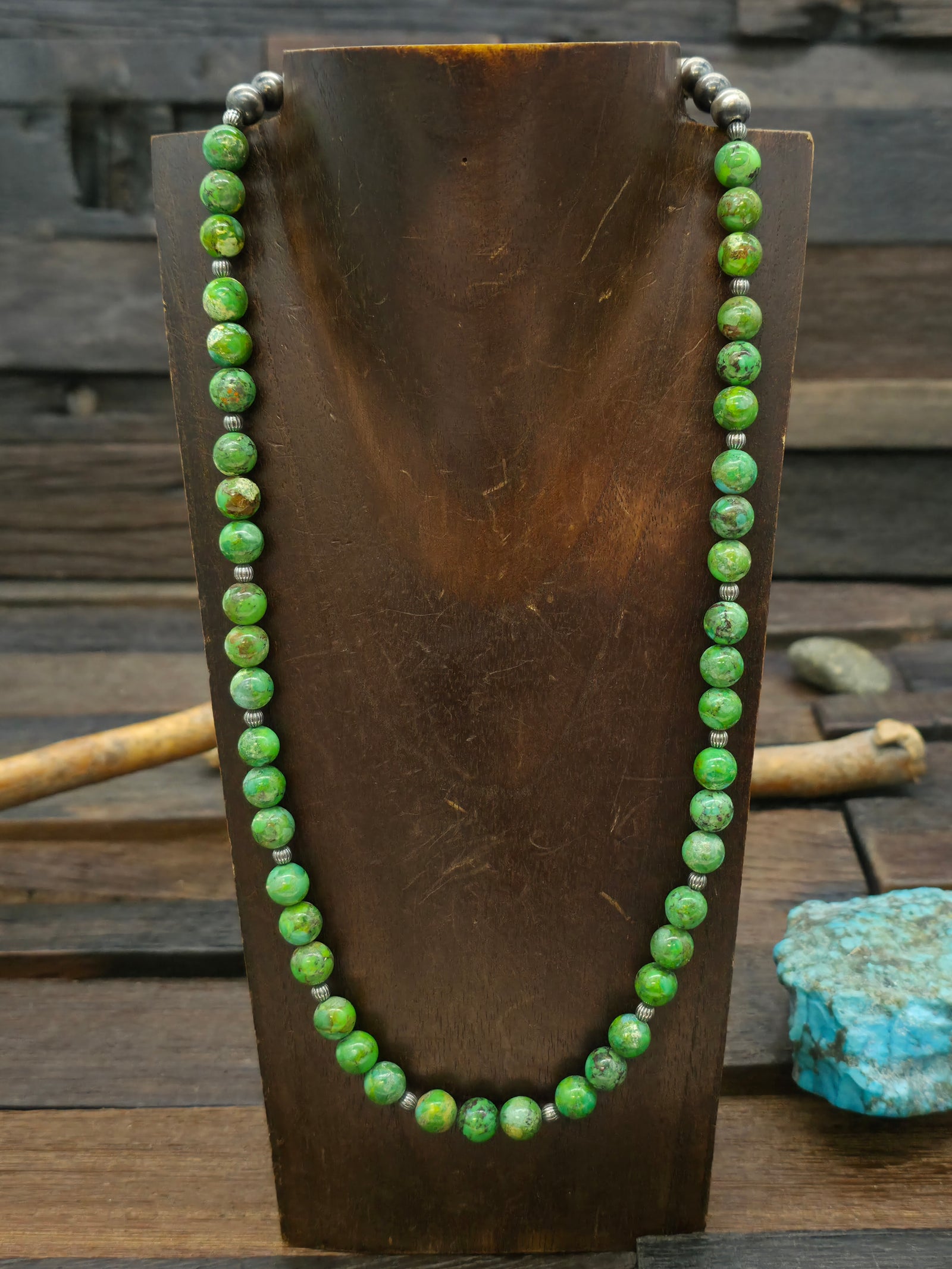 Green Turquoise Stone and Sterling Silver Bead Necklace - 23 in.