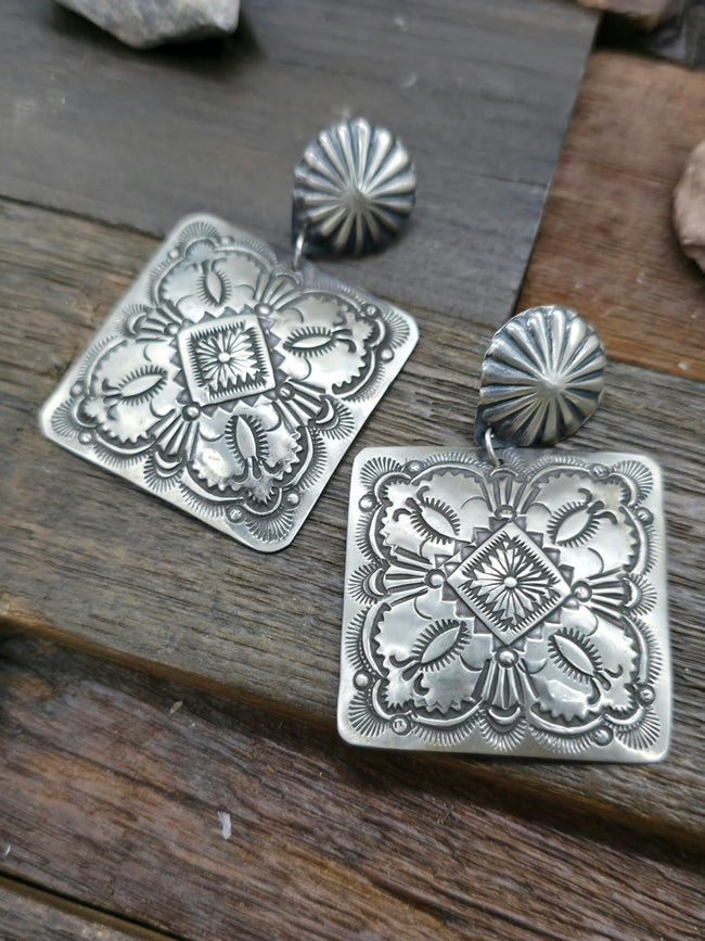Sterling Silver Stamped Square Earrings by Vincent Platero