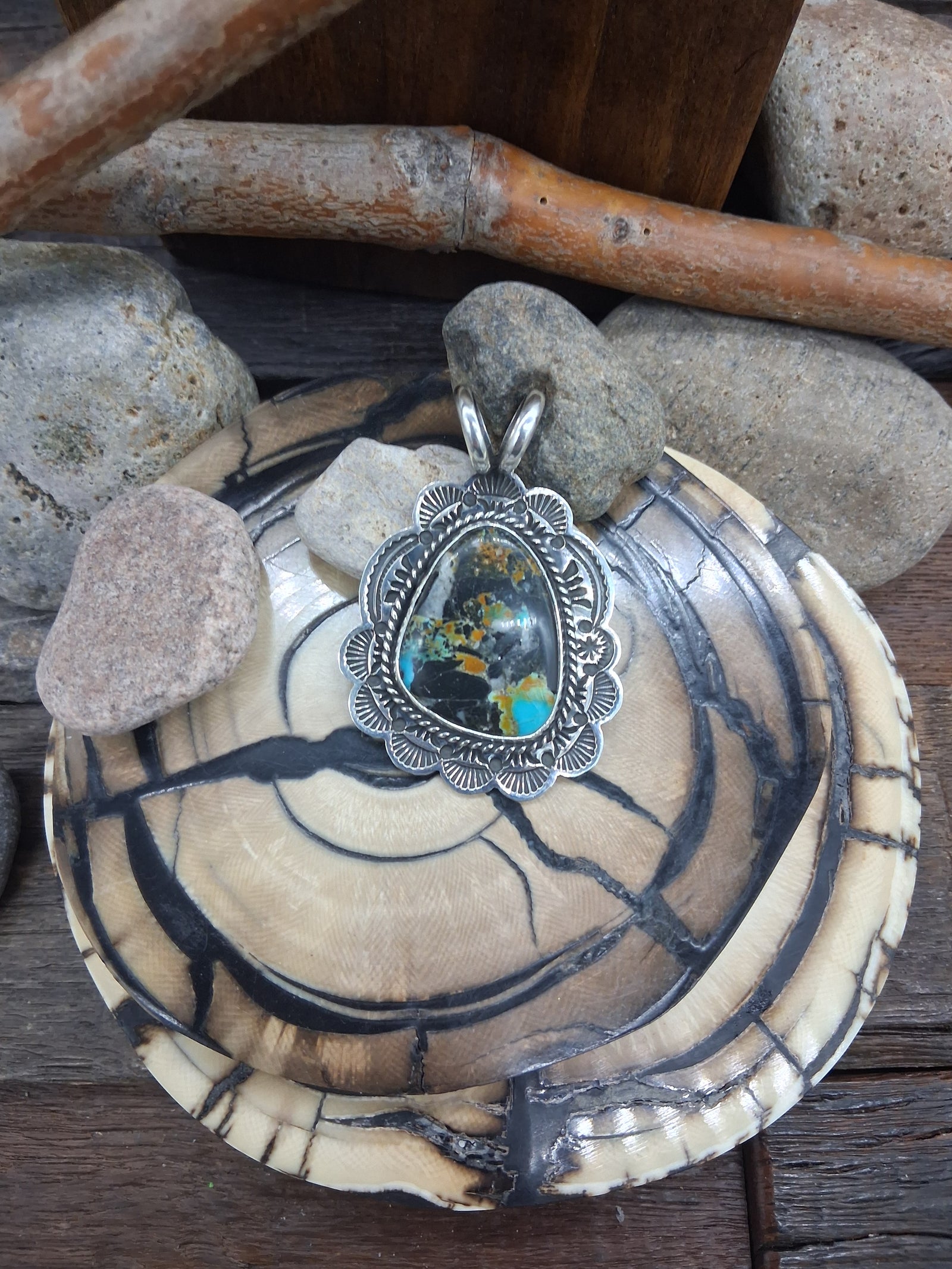 Black Jack Turquoise Stamped Sterling Silver Pendant by Sunshine Reeves