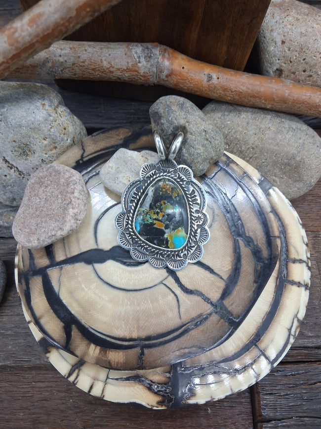Black Jack Turquoise Stamped Sterling Silver Pendant by Sunshine Reeves