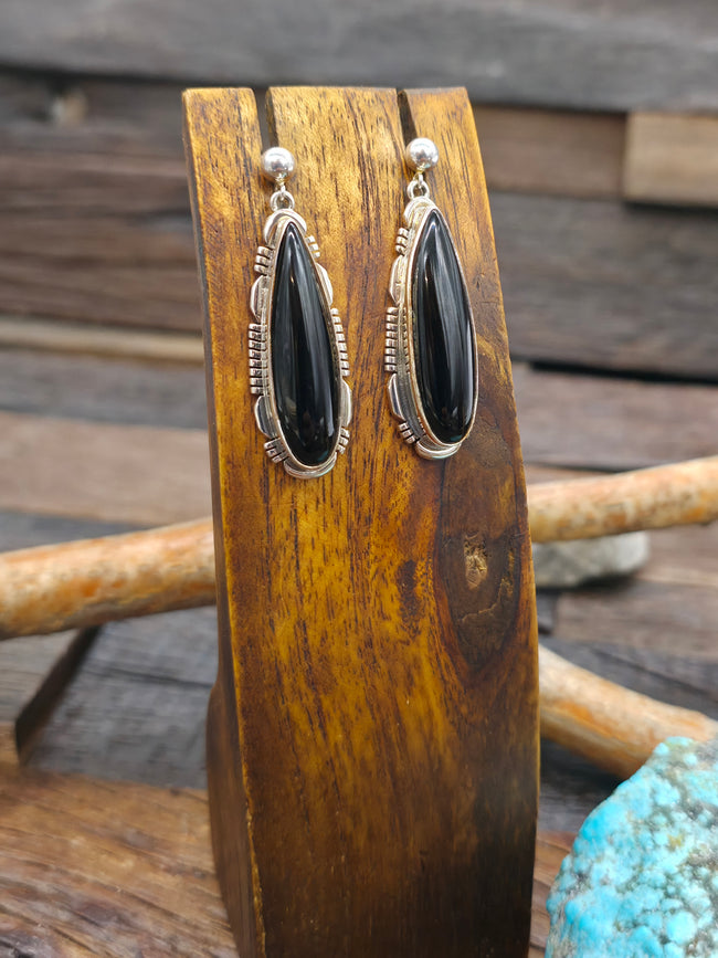 Black Onyx Sterling Silver Teardrop Post Dangle Earrings - 1 5/8 in