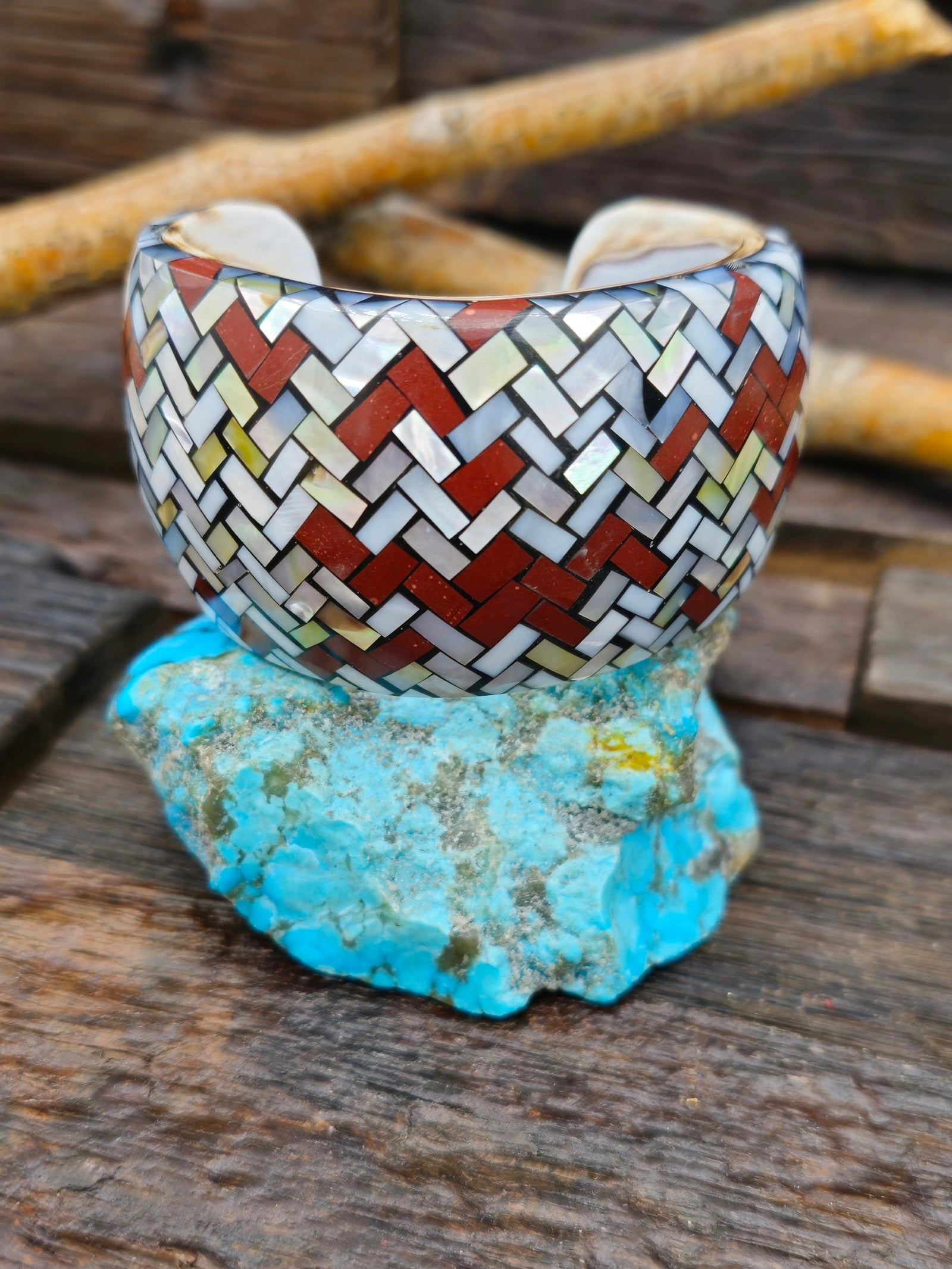 Pipestone and Mother of Pearl Inlay Cuff by Charlene Reano - 6 in.