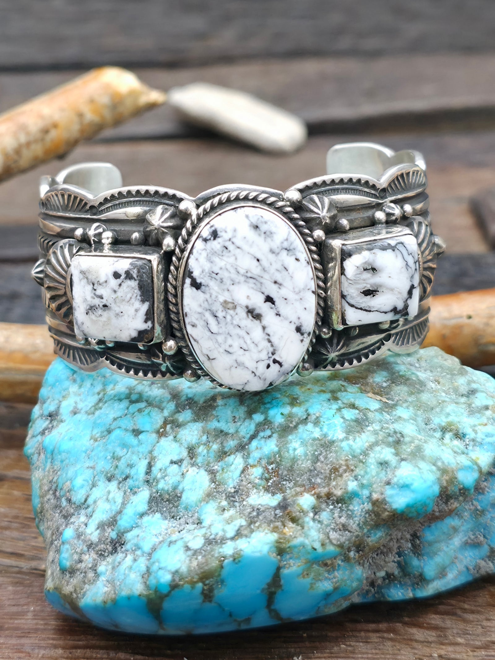 Three Stone Sterling Silver White Buffalo Cuff Bracelet by Happy Piasso - 6 1/2 in. with Gap
