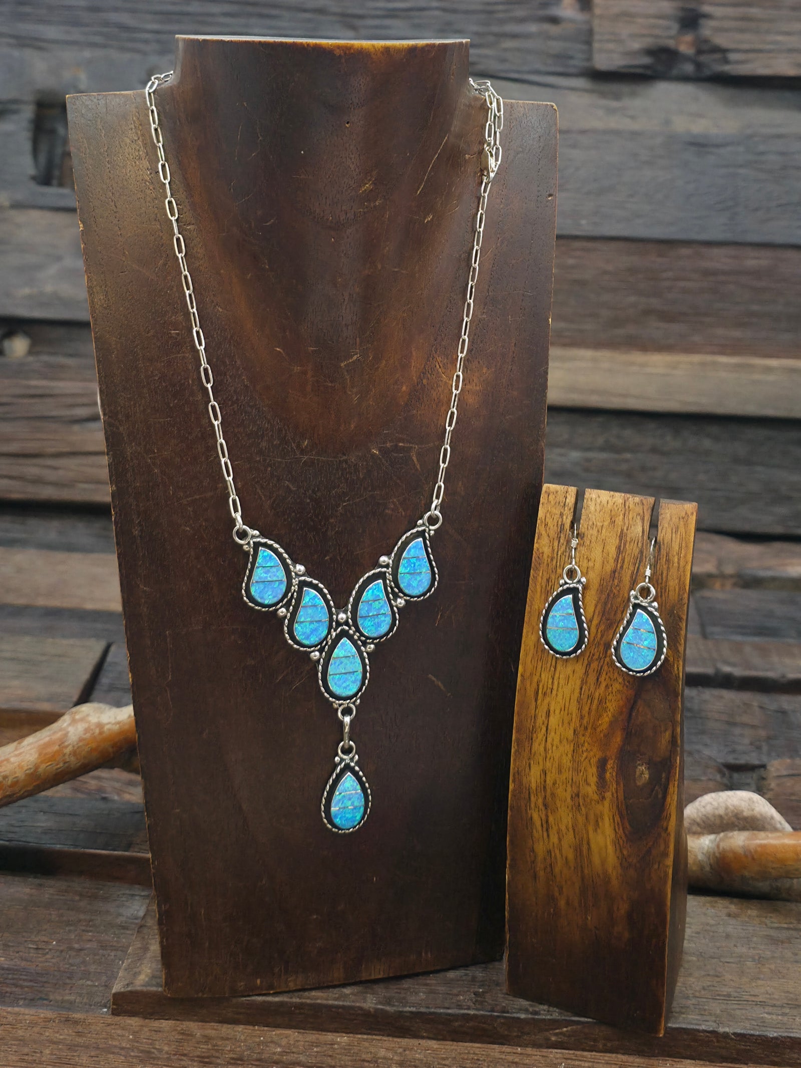 Sterling Silver Lab Opal Zuni Inlay Necklace and Earring Set by F. Lowsayatee - 22 in.