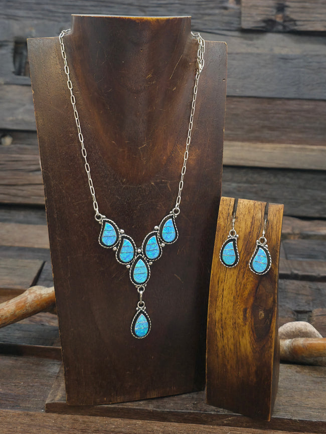 Sterling Silver Lab Opal Zuni Inlay Necklace and Earring Set by F. Lowsayatee - 22 in.