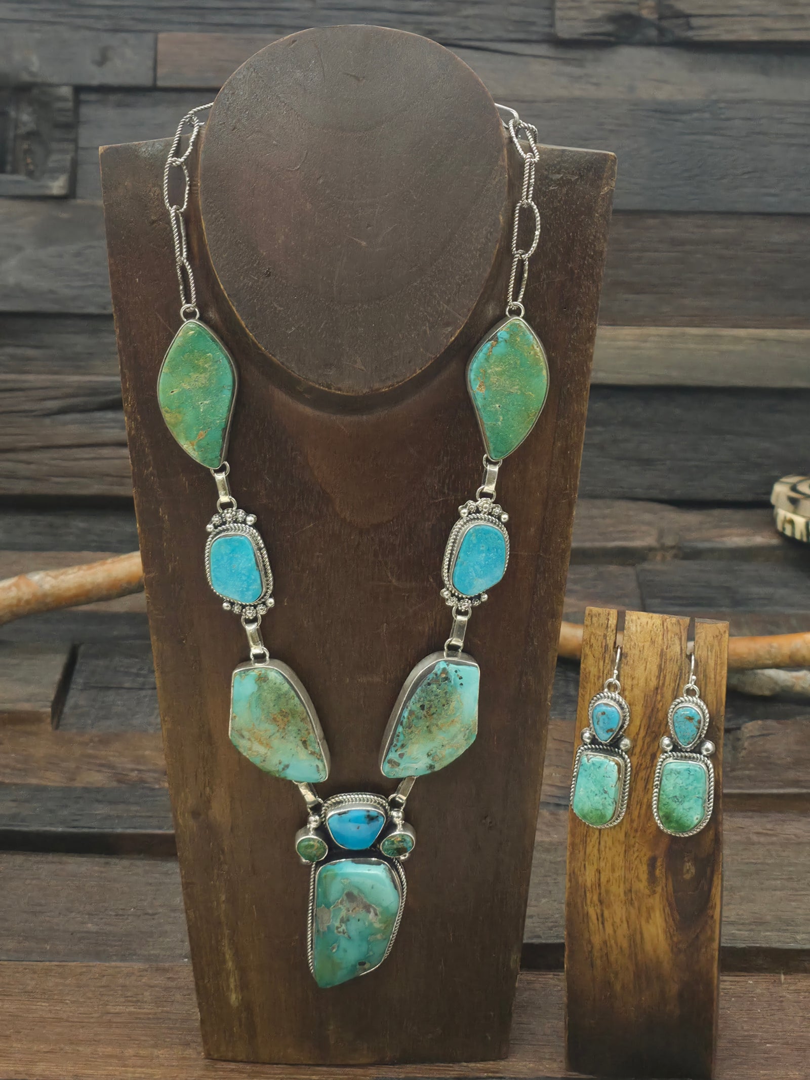 Sterling Silver Stormy Mountain Turquoise Necklace and Earring Set by Rosella Paxson - 24 in.