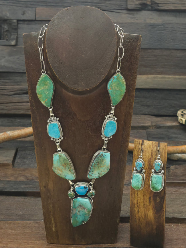 Sterling Silver Stormy Mountain Turquoise Necklace and Earring Set by Rosella Paxson - 24 in.