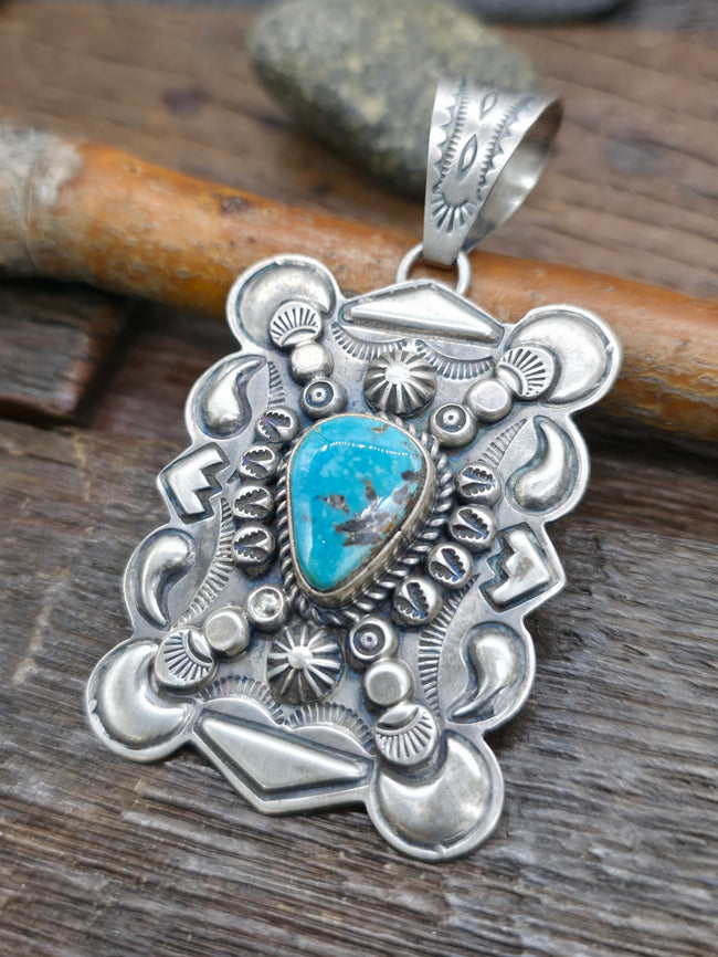 Stamped Sterling Silver Blue Gem Turquoise Pendant by Dean Sandoval - 2 3/4 in. by 1 1/2 in.