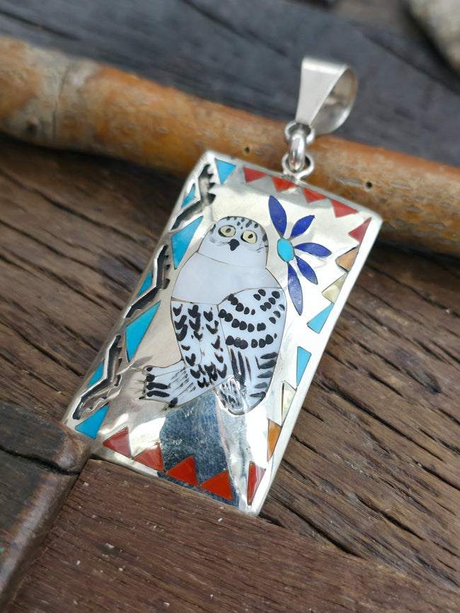 High Shine Sterling Silver Zuni Inlay Owl Pendant by Quinton Quam - 3 in. by 1 in.