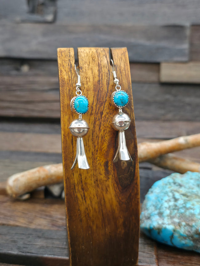 High Shine Sterling Silver Turquoise Squash Blossom Earrings - 2 1/2 in by 1/2 in.