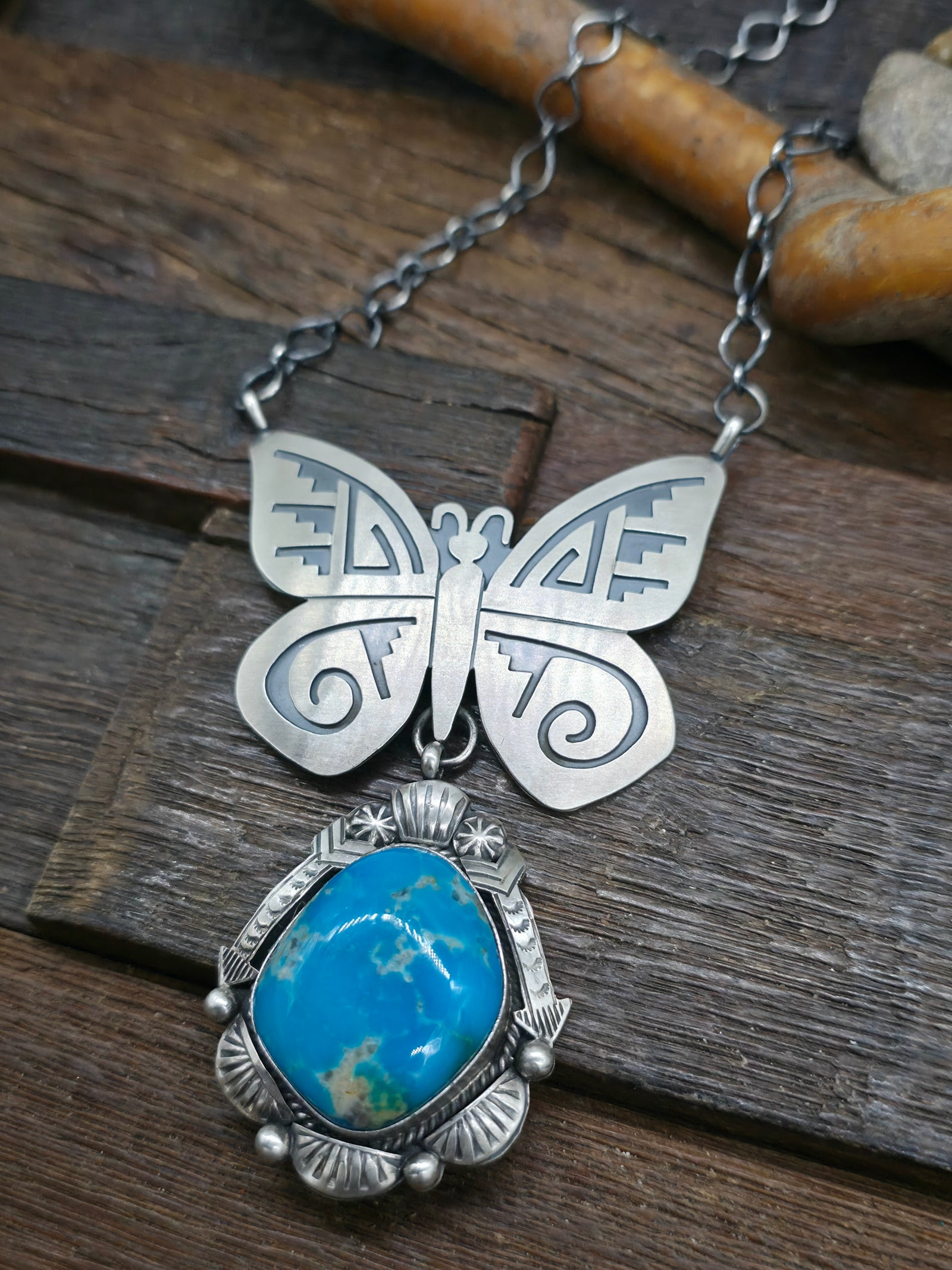 Sterling Silver Overlay Butterfly Lariat Necklace with Turquoise Dangle- 20 in.