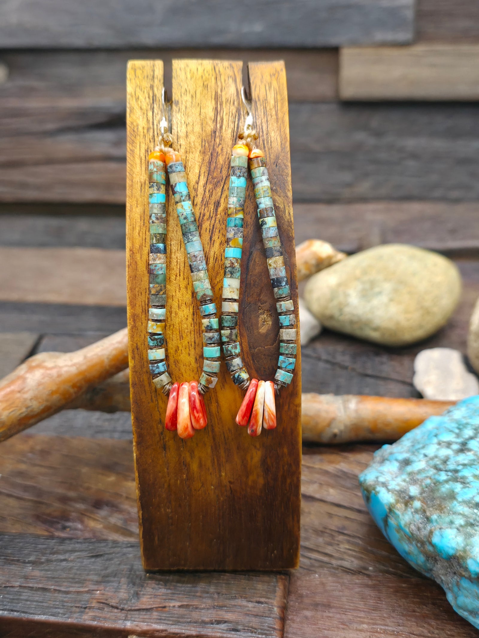 Green Turquoise Heishi and Spiny Oyster Jacla Earrings by Robert Coriz - 3 1/2 in. by 5/8 in.