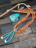 Ten Strand Coral Necklace with Turquoise and Sterling Silver Beads and Turquoise Jacla, Traditional Wrap by Mel Masquat - 28 in. with 5 in. Drop
