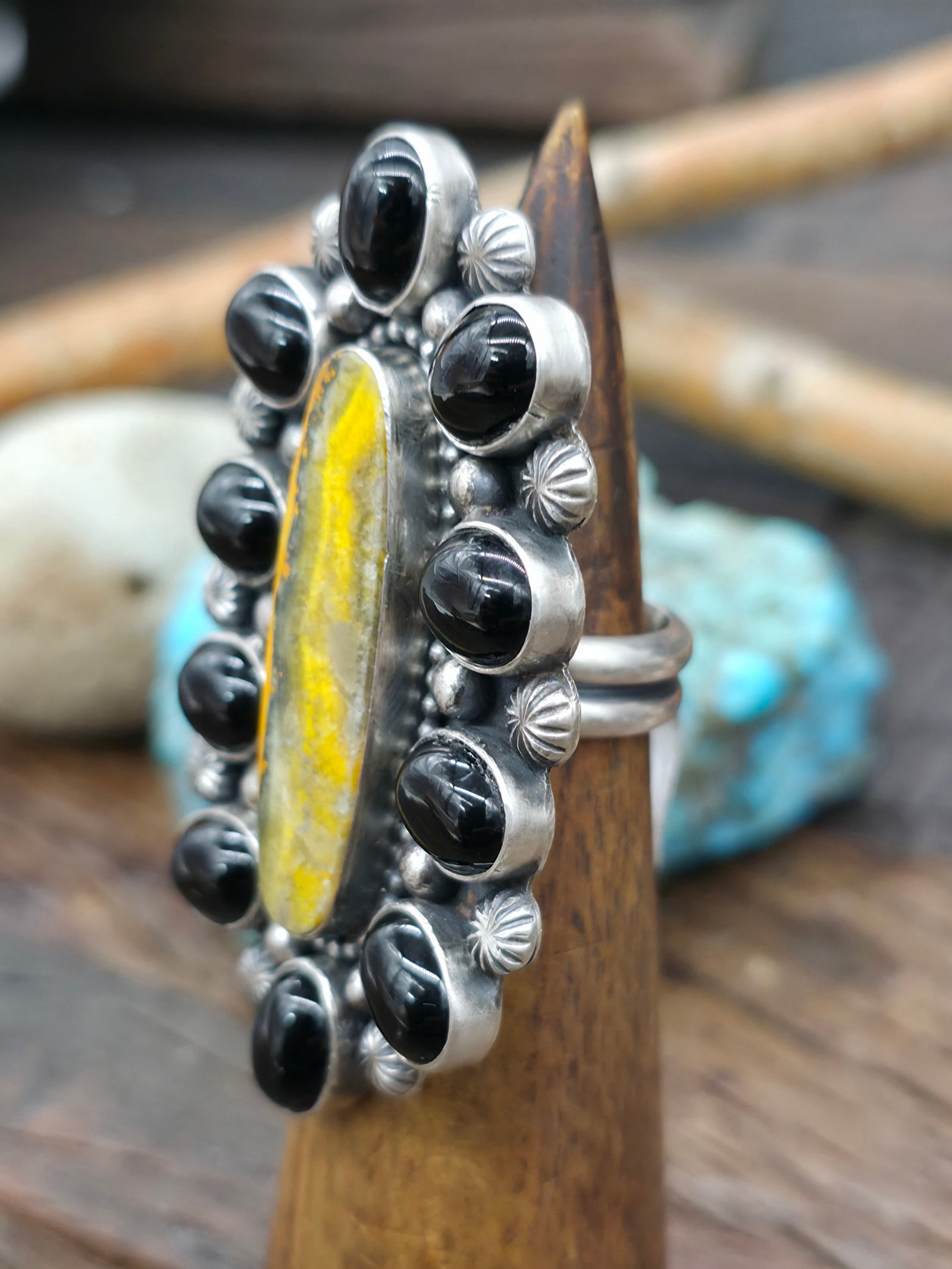 Large Bumblebee Jasper and Onyx Sterling Silver Ring by Randall Enditto - Adjustable