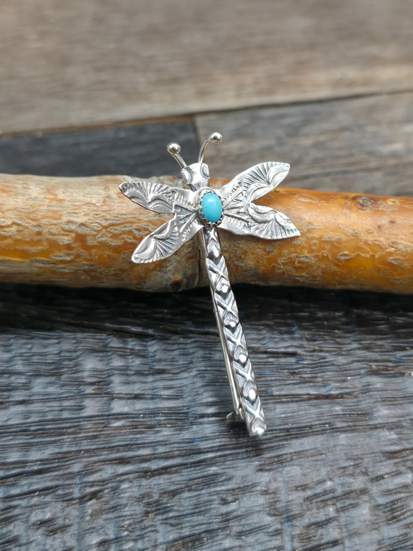 Sterling Silver Turquoise Dragonfly Pin by Lucille Platero -  1 1/2 in. by 1 in.