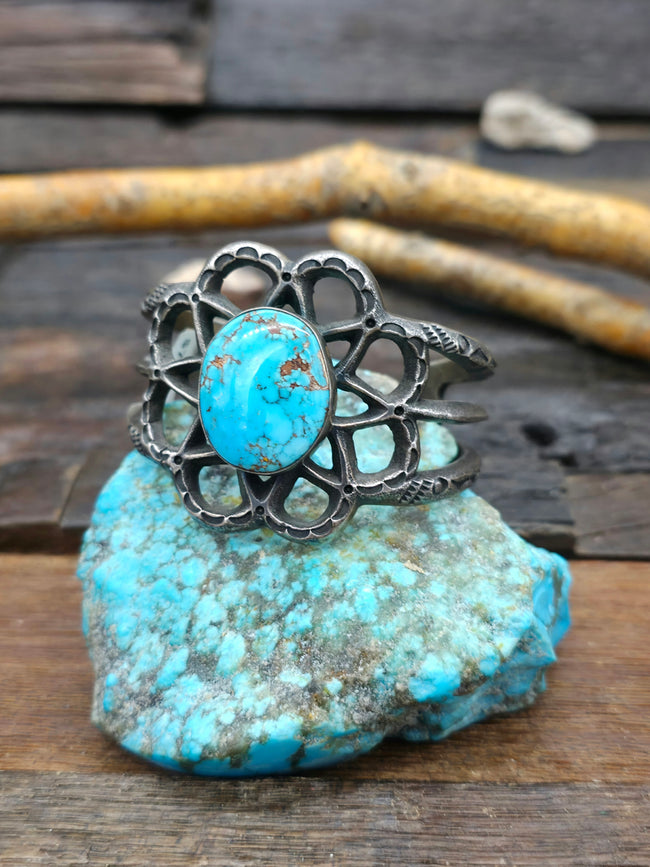 Vintage/Estate Tufa Cast Sterling Silver Turquoise Cuff - 6 in.