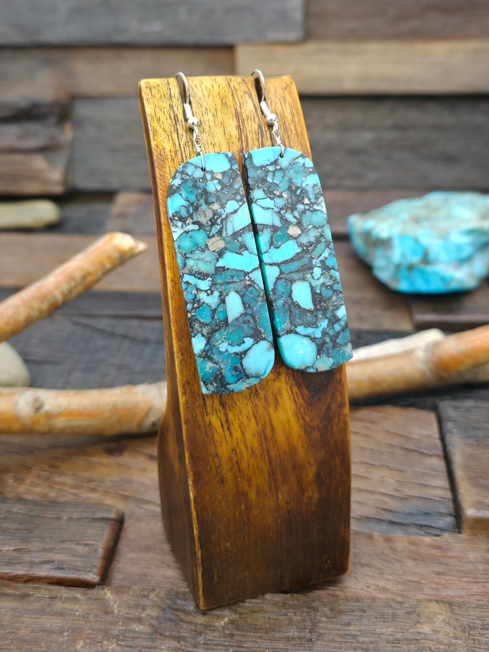 Curved Dark Blue Composite Turquoise Slab Earrings by Jameson Pete - 3 in. by 3/4 in.