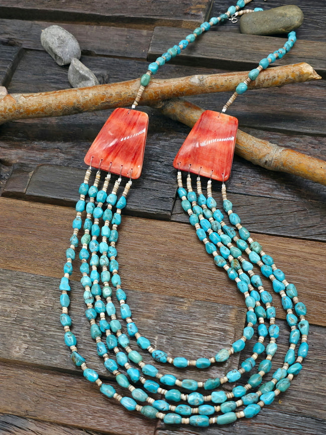 5 Strand Blue Turquoise with Spiny Oyster Tabs Necklace by Elaine Lovato