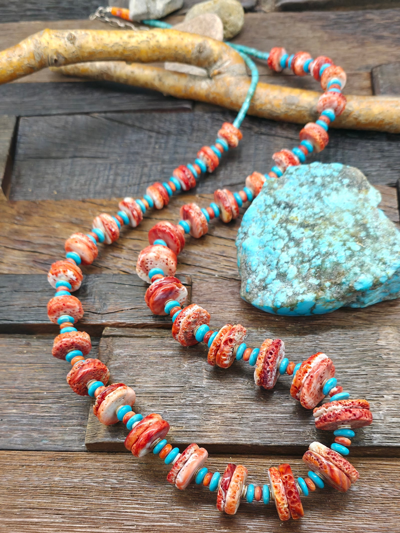 Graduated Red Spiny Necklace with Turquoise Beads by Lupe Lovato - 34 in. plus 2 in. Extender