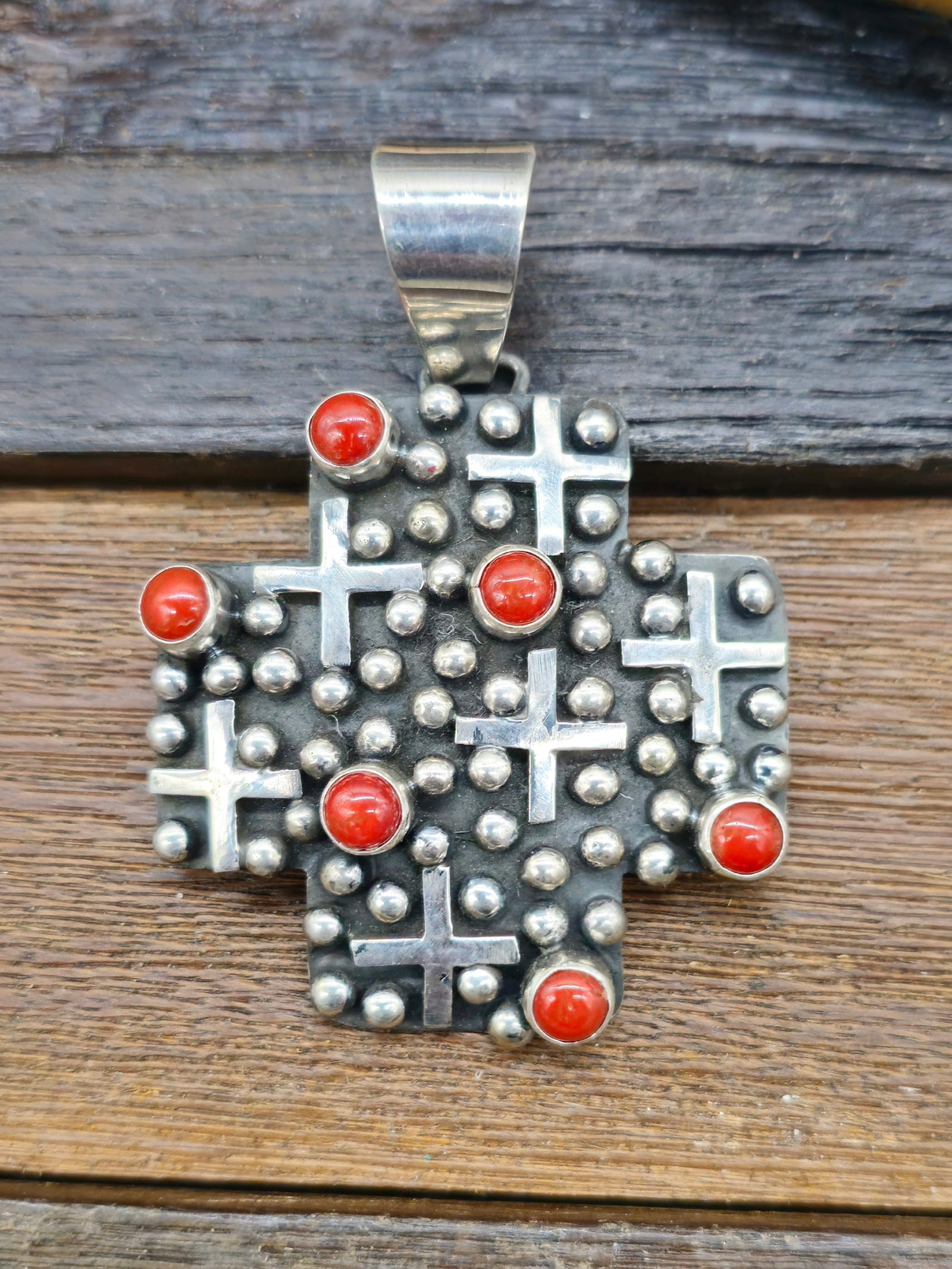 Cross-Shaped Sterling Silver Raindrop and Coral Pendant by Geneva Apachito