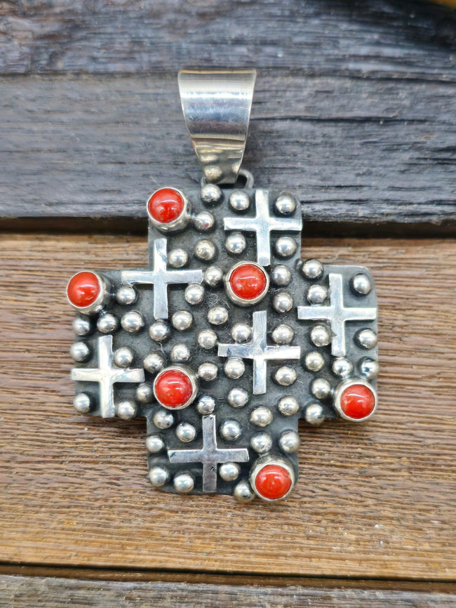 Cross-Shaped Sterling Silver Raindrop and Coral Pendant by Geneva Apachito