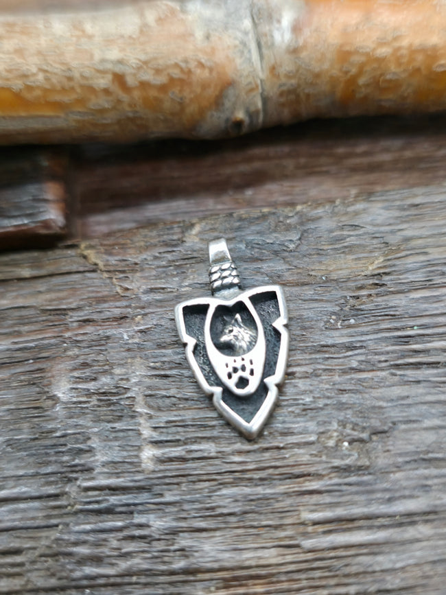 Mini Sterling Silver Arrowhead Pendant - Wolf - NON NATIVE MADE - 7/8 in. by 1/2 in.