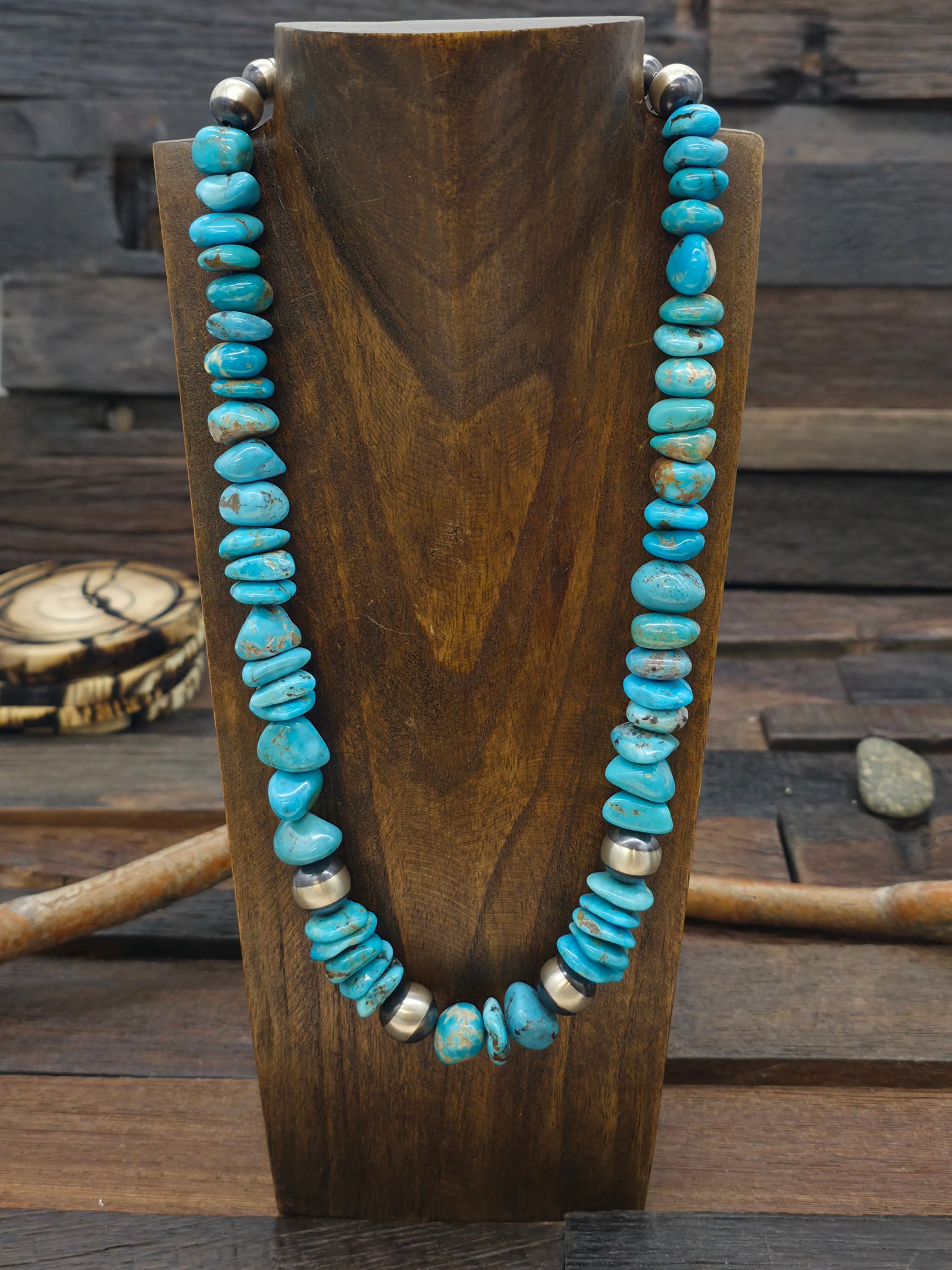 Turquoise Nugget Necklace w/ Oxidized Sterling Silver Beads - 22 in.