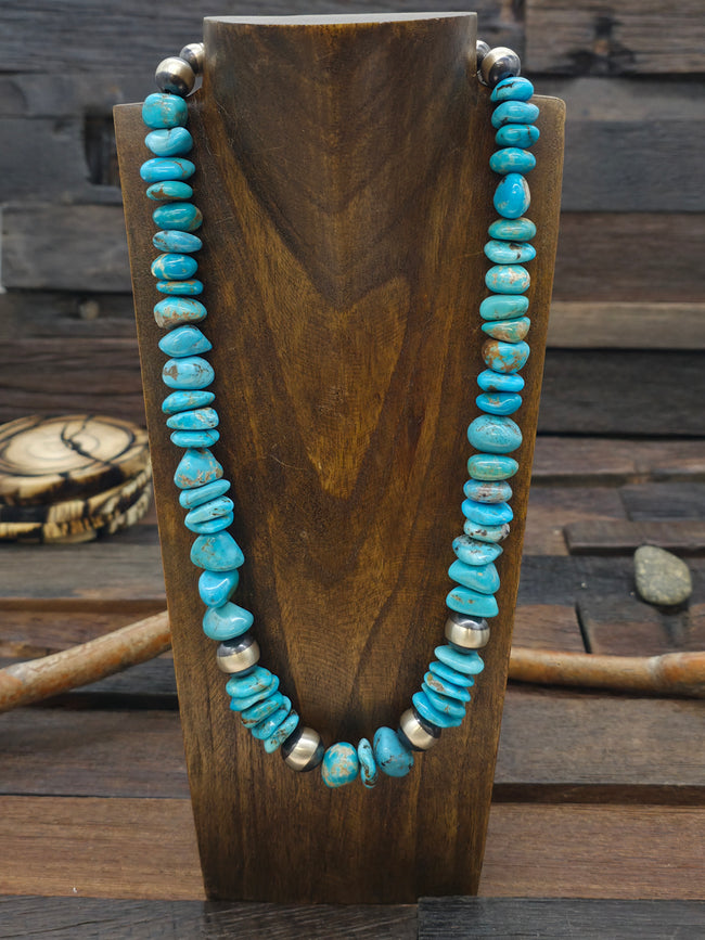 Turquoise Nugget Necklace w/ Oxidized Sterling Silver Beads - 22 in.