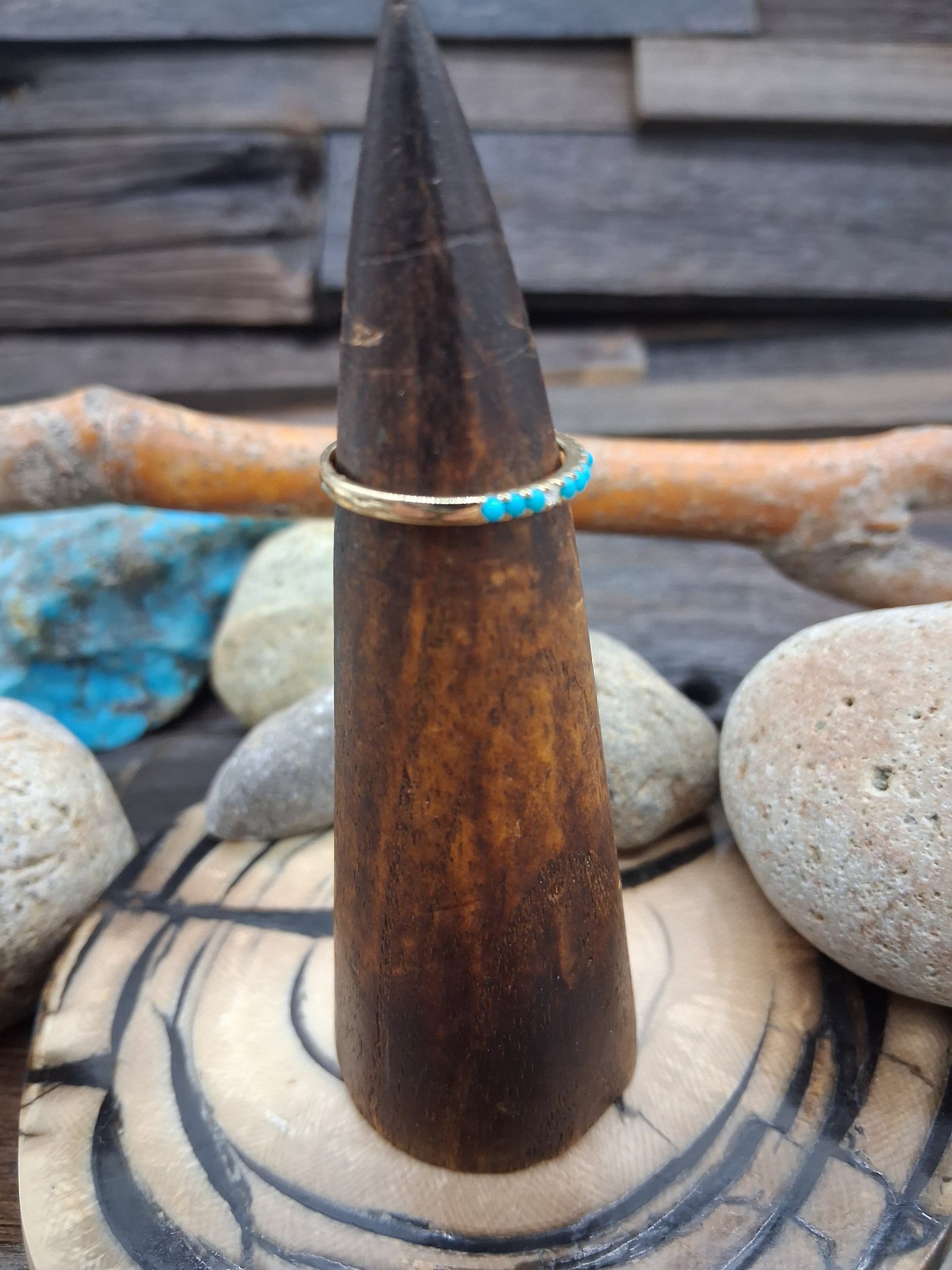 14KT Gold Sleeping Beauty Turquoise Diamond Band Inlay Ring Size 7