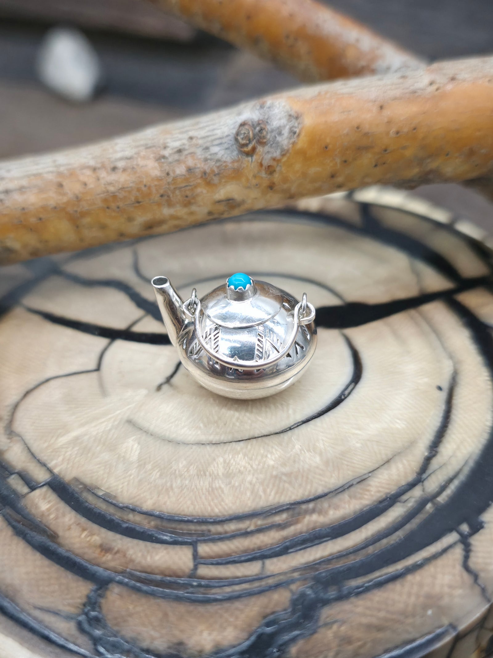 Mini Sterling Silver Rounded Tea Kettle with Turquoise by Wesley Whitman - 1 in. by 1 in. - Designs Vary