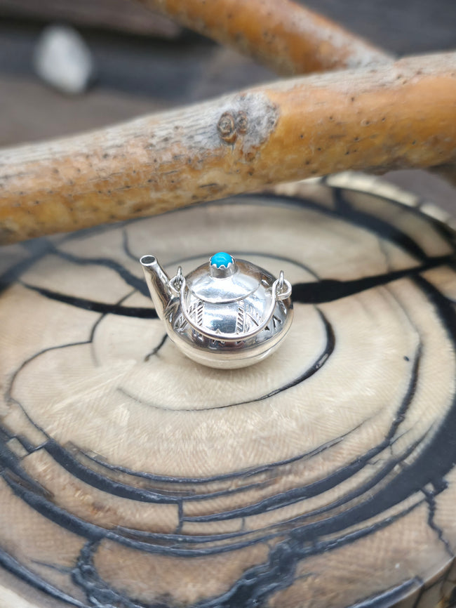 Mini Sterling Silver Rounded Tea Kettle with Turquoise by Wesley Whitman - 1 in. by 1 in. - Designs Vary