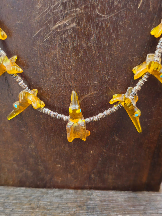 Amber Carved Bird Fetish Necklace and Earring Set - 27 in.