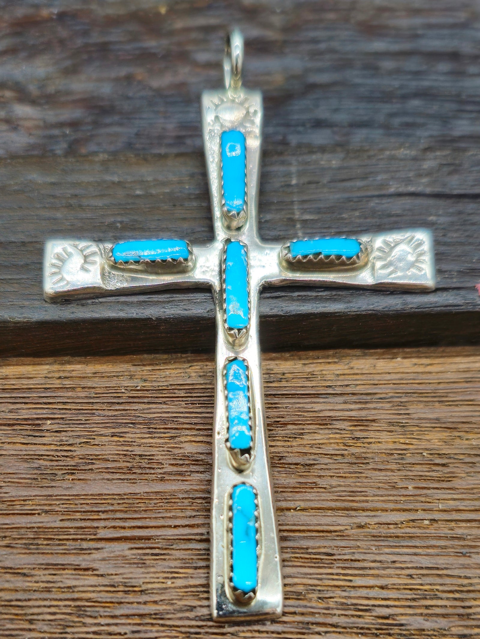 Sterling Silver Turquoise Needlepoint Cross by C. Iule - 3 by 2 in.