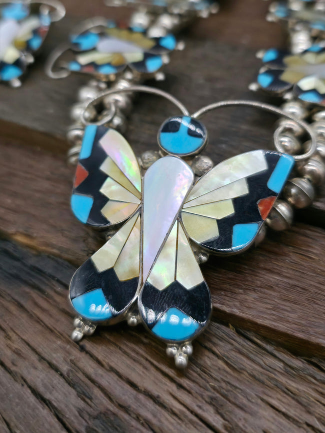 Sterling Silver Butterfly Inlay Necklace and Earring Set by Allison Dishta - 30 in.