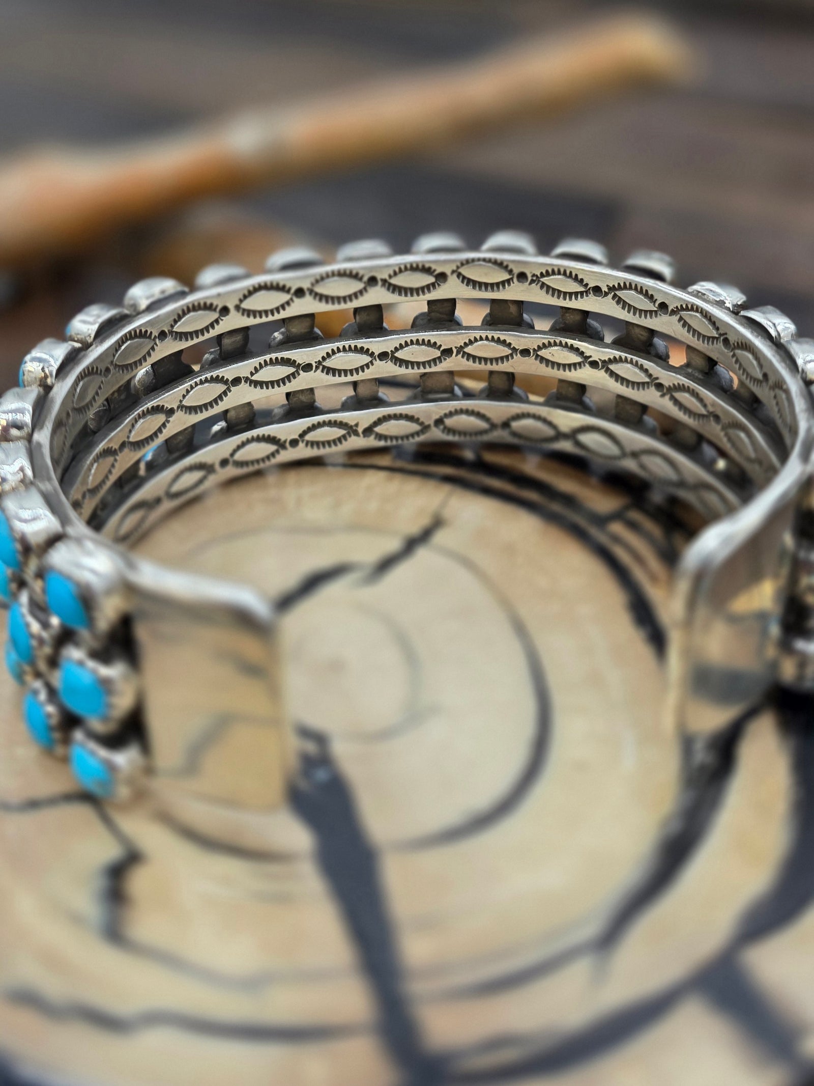 Three Row Sterling Silver Turquoise Cuff by L. Kee - 7 in. with Gap