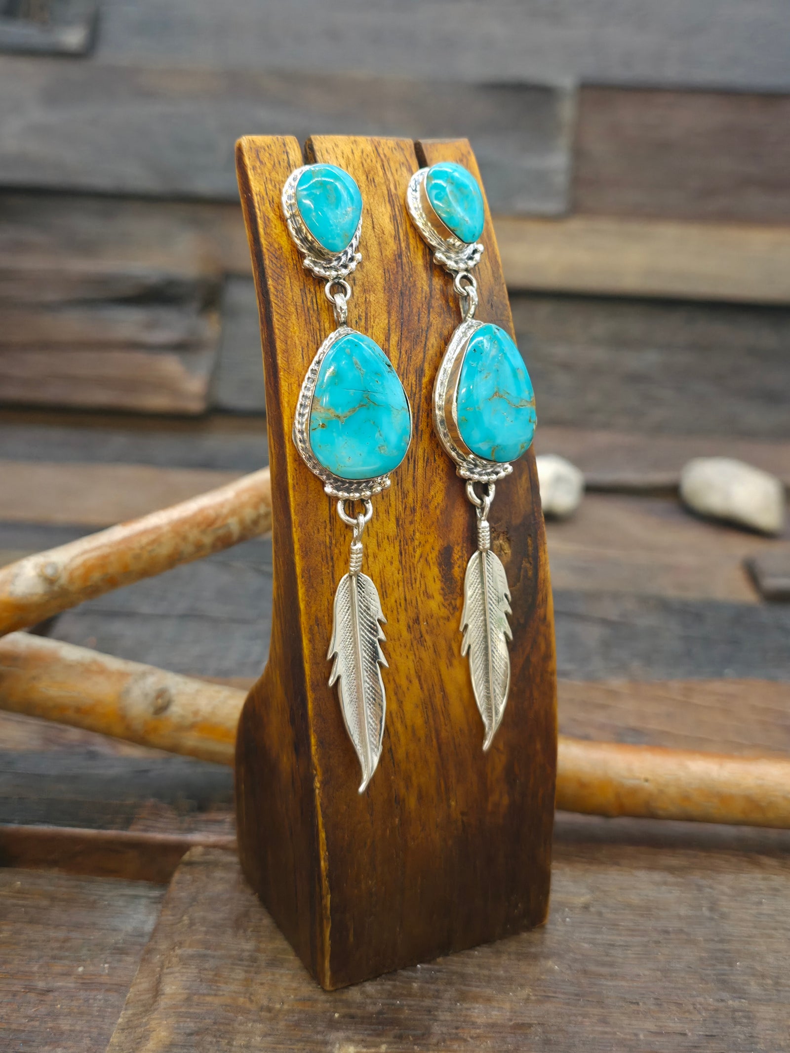 Sterling Silver Turquoise Feather Dangle Earrings by Mike Smith - 3 3/4 in. by 3/4 in.