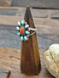 Sterling Silver Turquoise and Coral Cluster Ring - Size 7