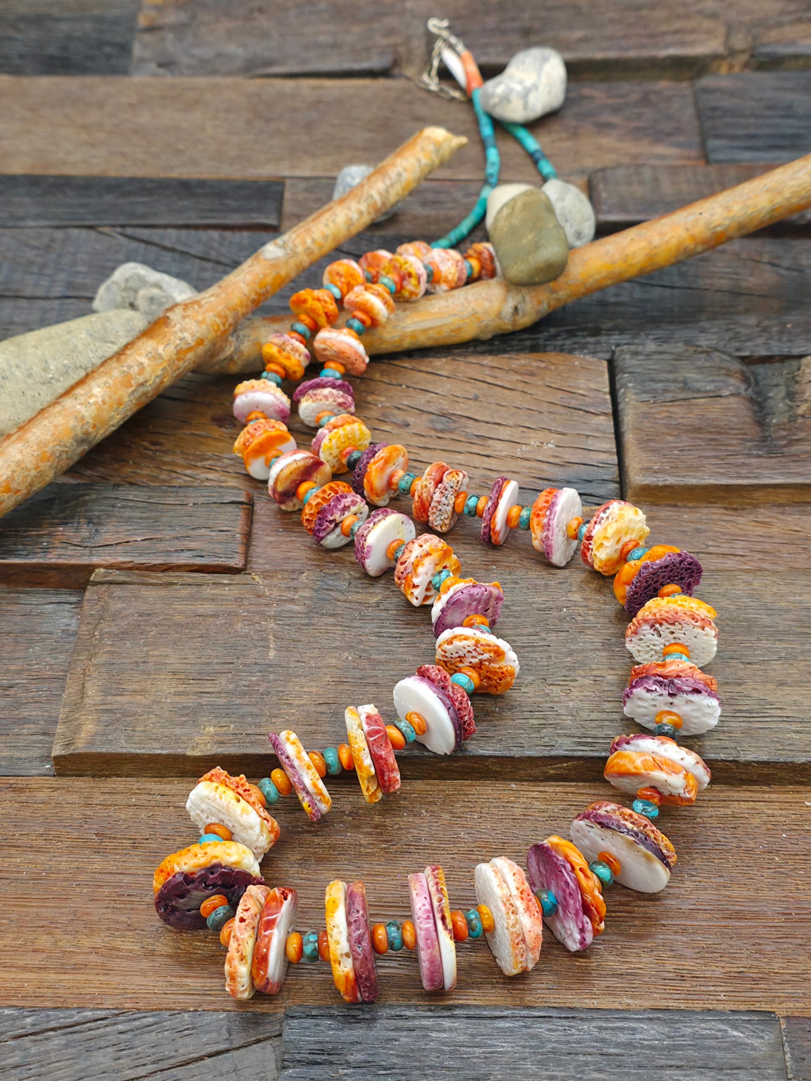 Graduated Orange and Purple Spiny Necklace with Turquoise Heishi by Lupe Lovato - 36 in. plus 2 in. extender