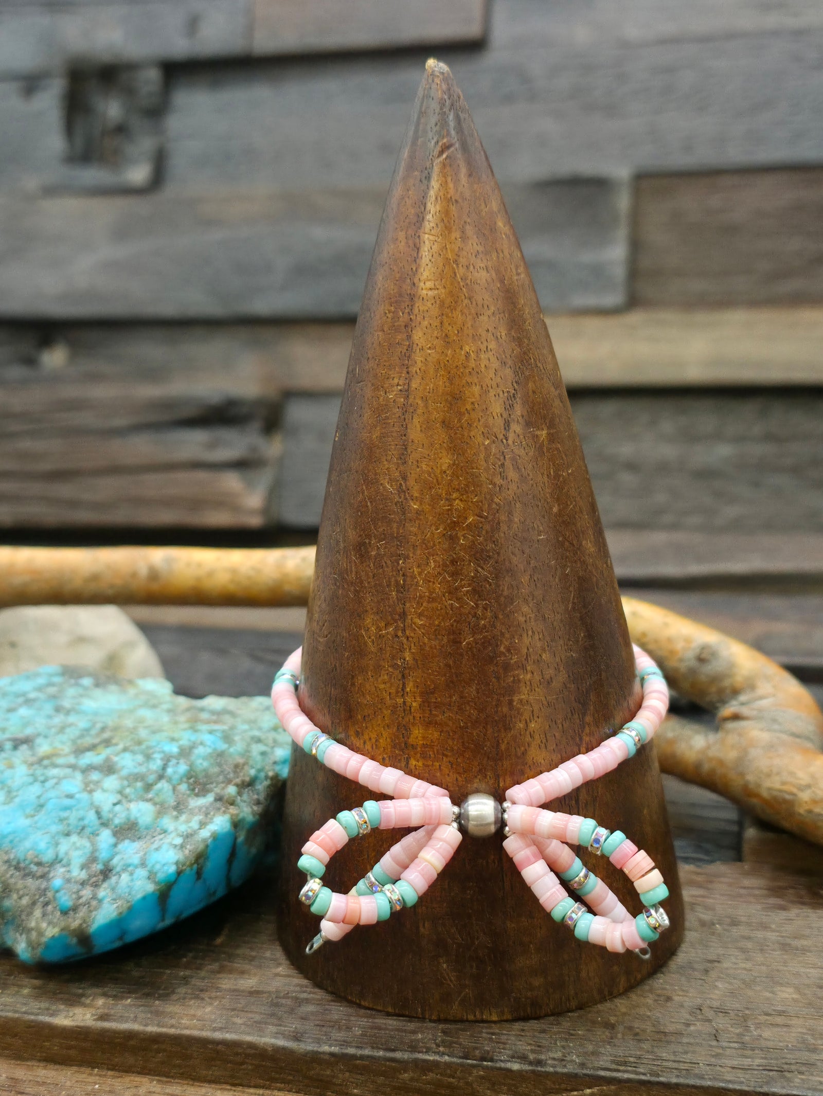 Pink Conch Shell, Turquoise, and Sterling Silver Bead Bow Bracelet - 7 1/2 in.