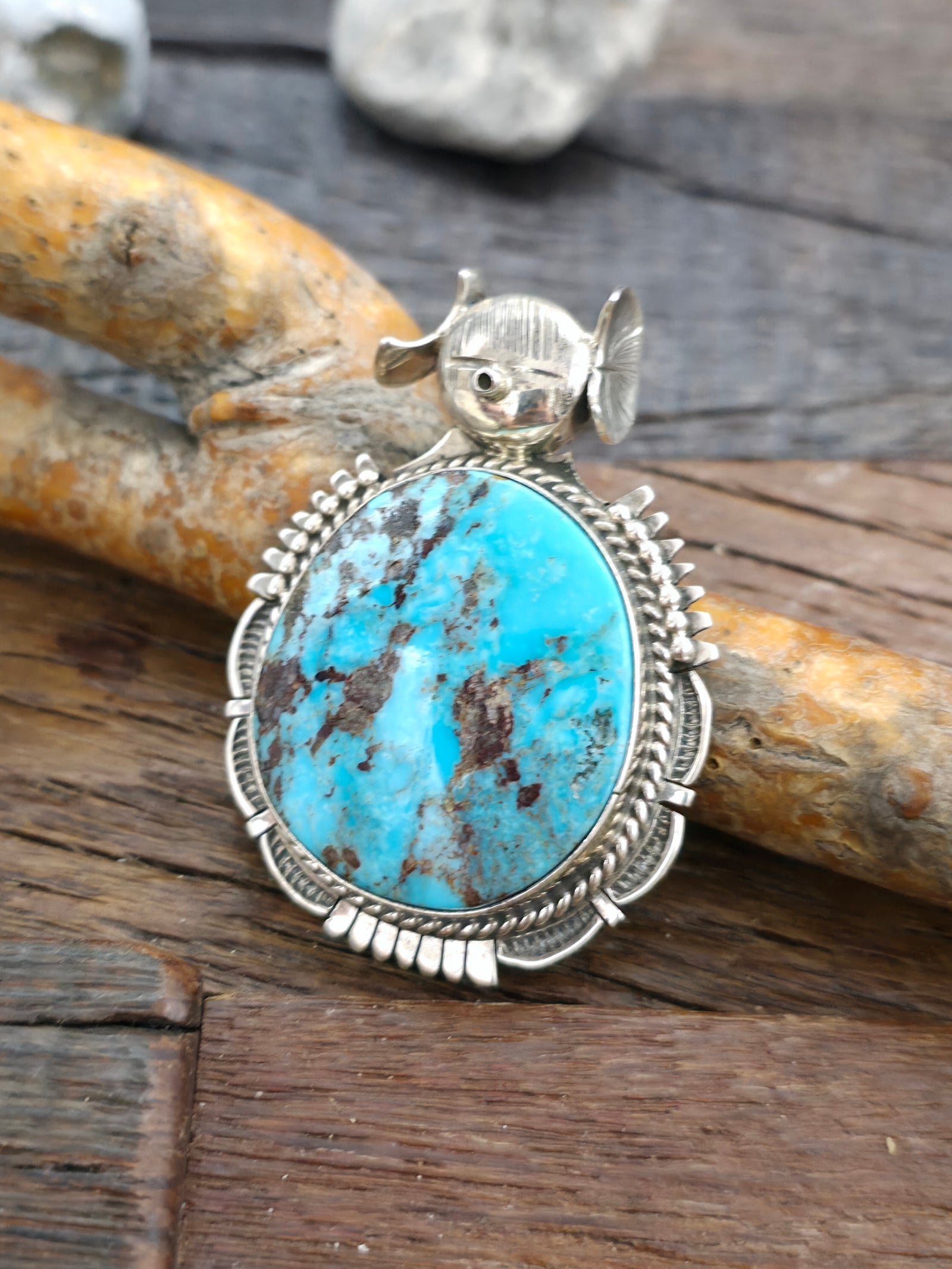 Kingman Turquoise Round Sterling Silver Kachina Pendant by Bennie Ration