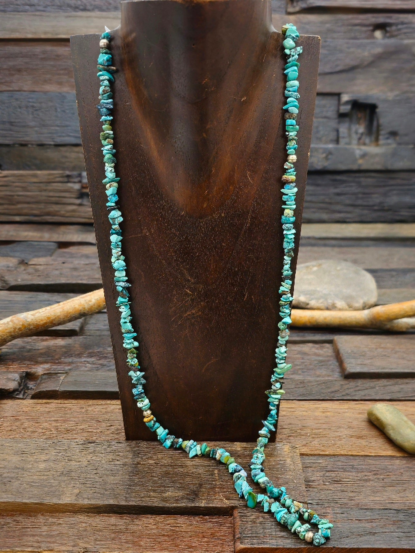 Blue Turquoise Nugget and Sterling Silver Bead Necklace 36 in.