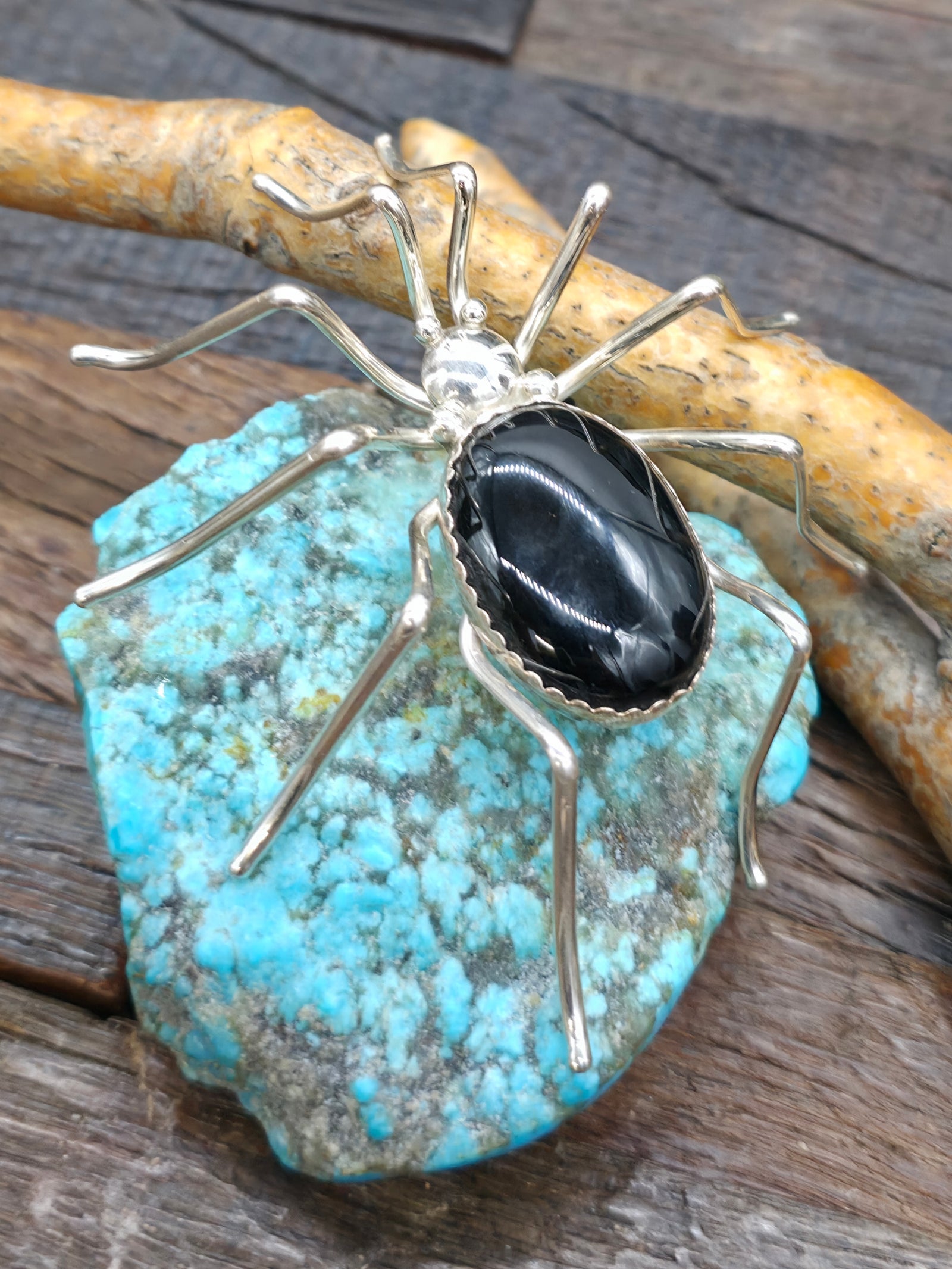 Large Sterling Silver and Onyx Spider Pin by Effie Garfield